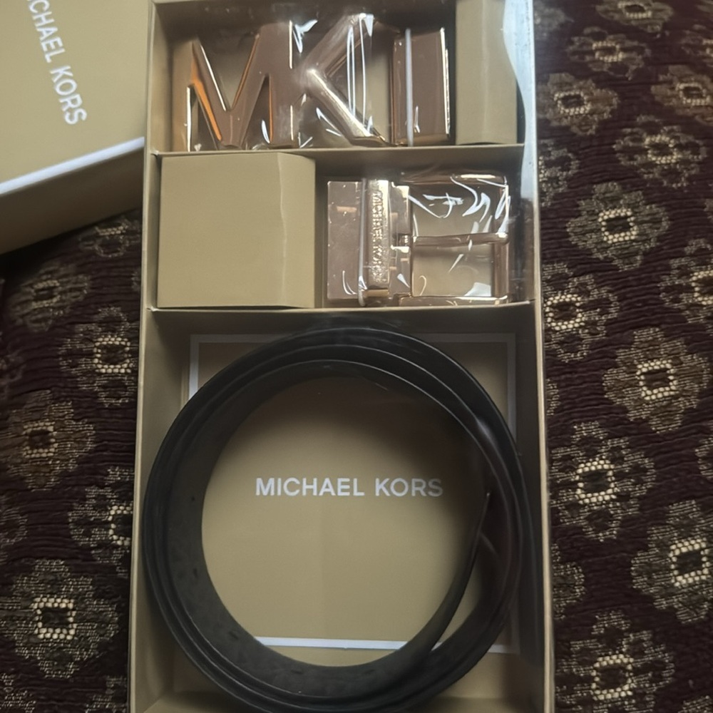 Michael Kors Black Belt with Gold MK Buckle Set